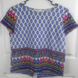 ReneeC Vibrant  Medallion & Aztec Print, Short Sleeve Top